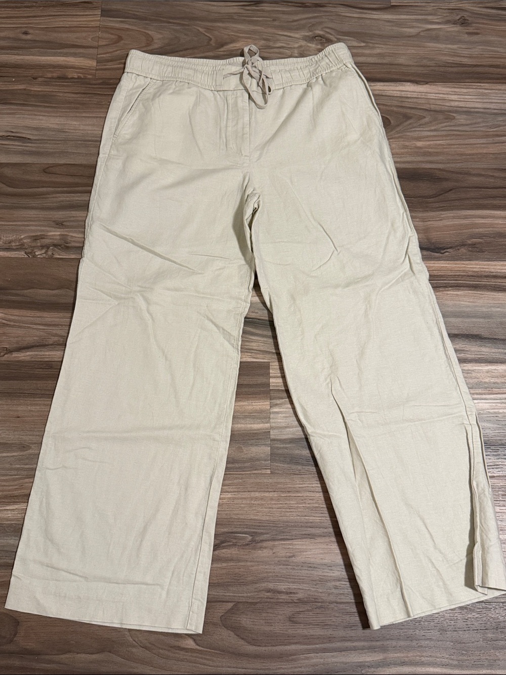 LOFT Wide Leg Pants Oatmeal Beige Linen Blend Elastic Drawstring Waist Womens 12
